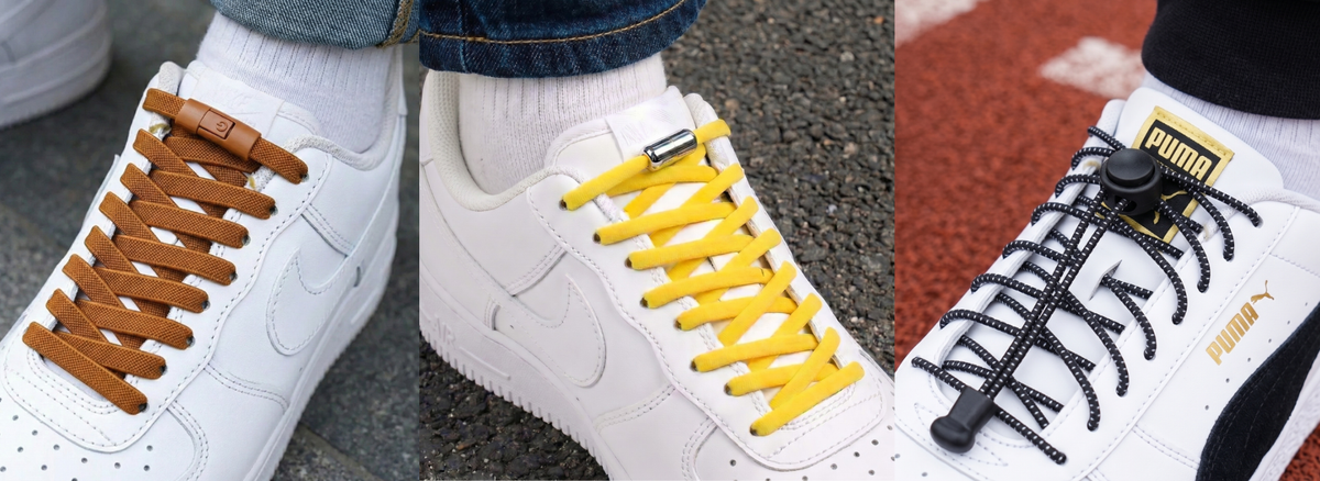 Lacets élastiques à clipper, à visser et autobloquants sur des baskets blanches Image